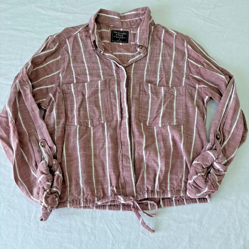 Abercrombie &‎ Fitch Womens Pink Striped Roll Tab Sleeve Tie Front Shirt Size S
